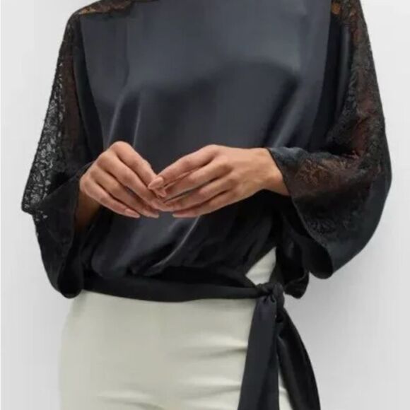 Ramy Brook NWT Alesia Navy Satin Blouse with Lace Detail - Picture 3 of 5